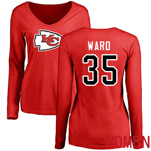 Women Football Kansas City Chiefs #35 Ward Charvarius Red Name and Number Logo Slim Fit Long Sleeve T-Shirt->nfl t-shirts->Sports Accessory